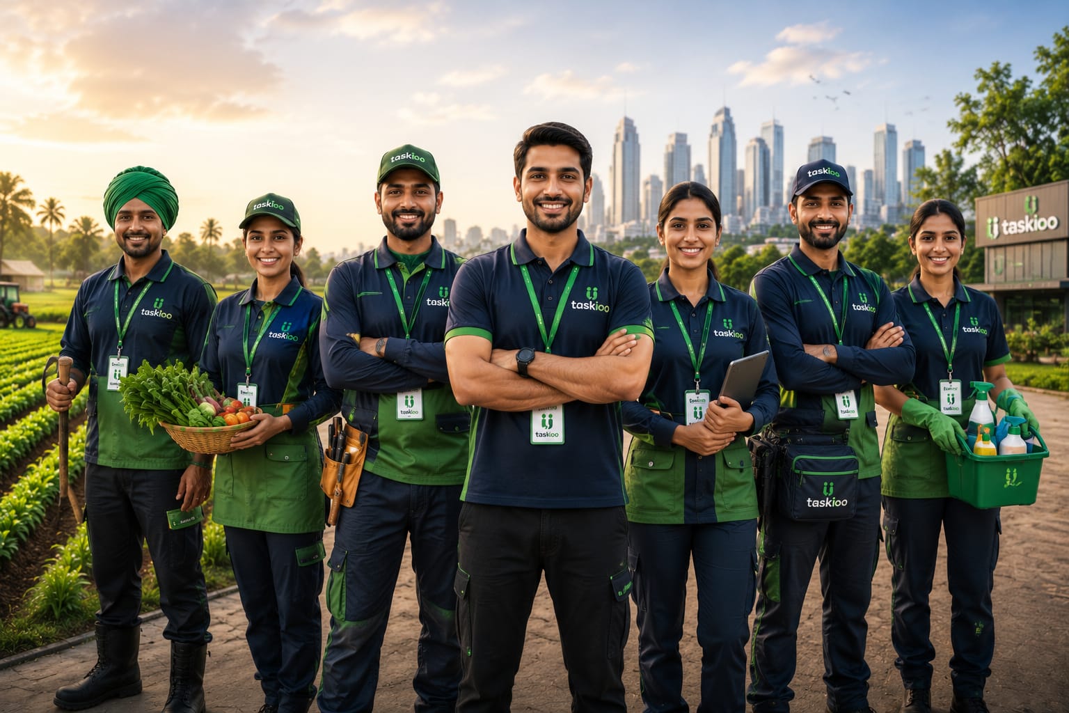 Taaskio professionals standing together — farm workers, technicians, and household service providers bridging rural and urban India